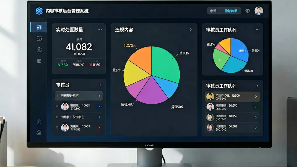 小黄书 - 内容监管平台的后台审核界面示意，屏幕上显示违规内容检测系统的运行状态和处置数据仪表盘